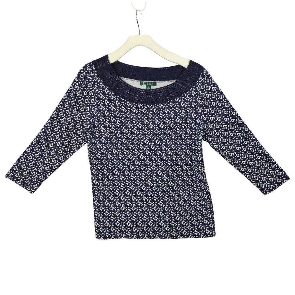 Ralph Lauren LRL Womens Coastal Nautical Preppy XL Top Navy Geometric 3/4 Sleeve